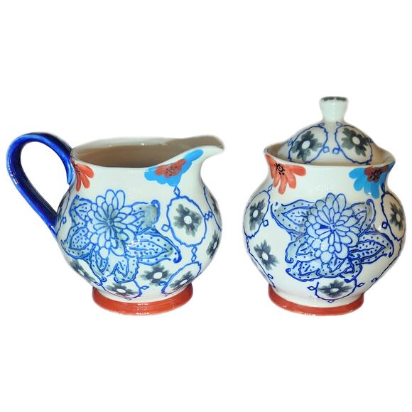 Dutch Wax by Coastline Imports Sugar Bowl and Creamer Set Hand painted Ceramic - Picture 1 of 6